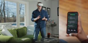 a mean wearing a VR headset in his living room.