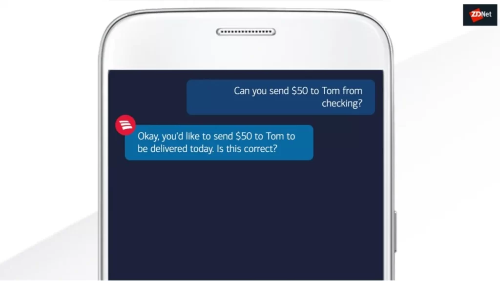 A smartphone showing a chat dialogue between the user and Erica, Bank of America's Digital AI Assistant.