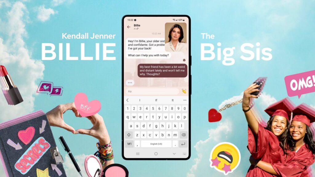 A phone showing Kendall Jenner, a new Meta AI Personality